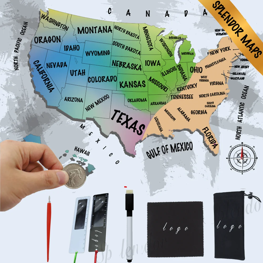 
2021 Hot Custom Logo Large Size Maps small paper Pvc Scratch The World Travel Map Scratch Off US Map 