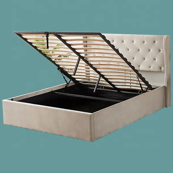 winged back wooden frame double queen king size  high quality  Handmade  ottoman gas lift leather fabric velvet storage bed