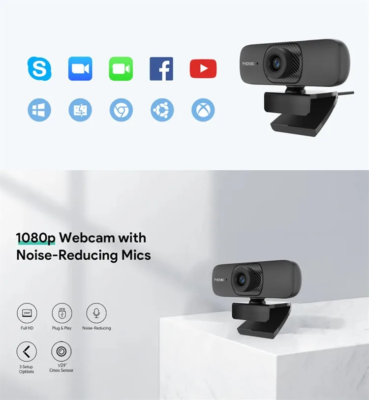 AF 90 Lens Angle & 360 Rotating FHD 1080P PC Webcam with Beauty Filter Privacy Cover Plug&Play Convenient Use