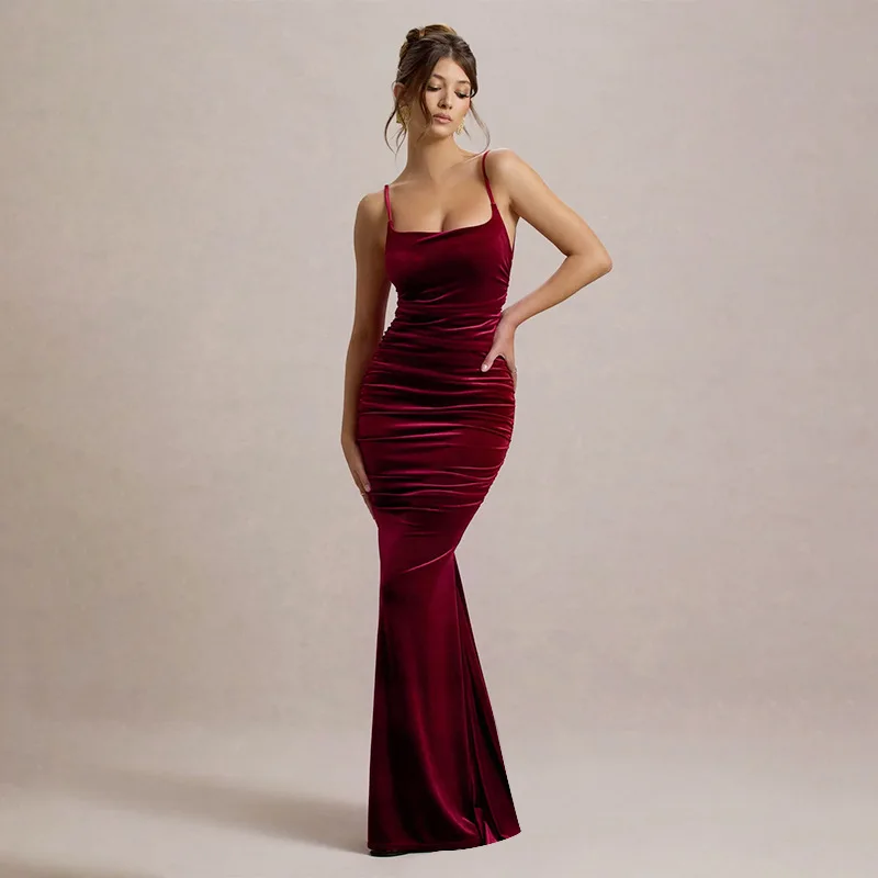 Women sexy temperament velvet pleated fitted waist backless sling dress Christmas party red dress Winter warm dress