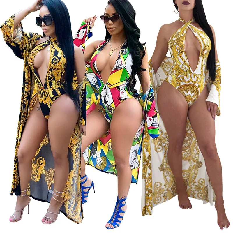 Sexy Bodysuits two pieces set women print long sleeve X-long cloak and deep o-neck bodysuit 2pcs beach tracksuit outfit