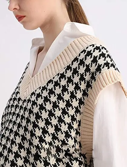 Houndstooth Sweater Vest Women Oversized V Neck Sleeveless Sweaters Cable Knit Tops Designer Manufacturer OEM