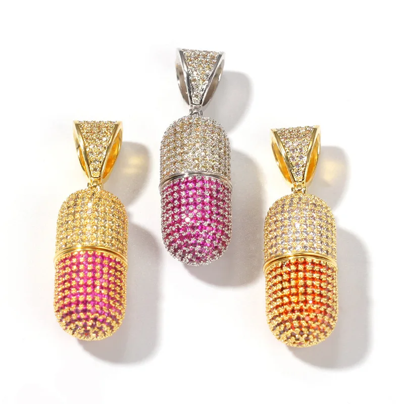 2021 New Design Charm Jewelry Multicolor Cubic Zirconia Paved Open Capsule Necklace Hips Hops Bling Iced Pill Pendant Necklace
