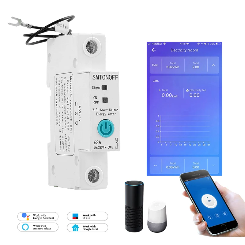 
1P eWelink Single phase Din rail WIFI Smart Energy Meter Power Consumption kWh Meter wattmeter with Alexa google for Smart home  (1600158706582)
