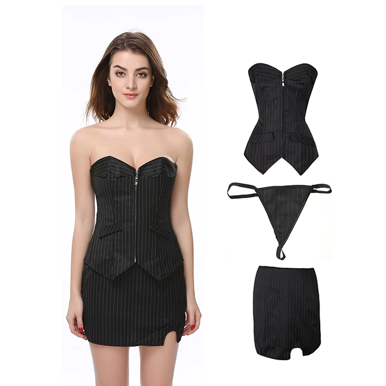 
Top Quality 3 In 1 Front Zipper Black Skirt Set Elastic Boned Overbust Corset For Women 
