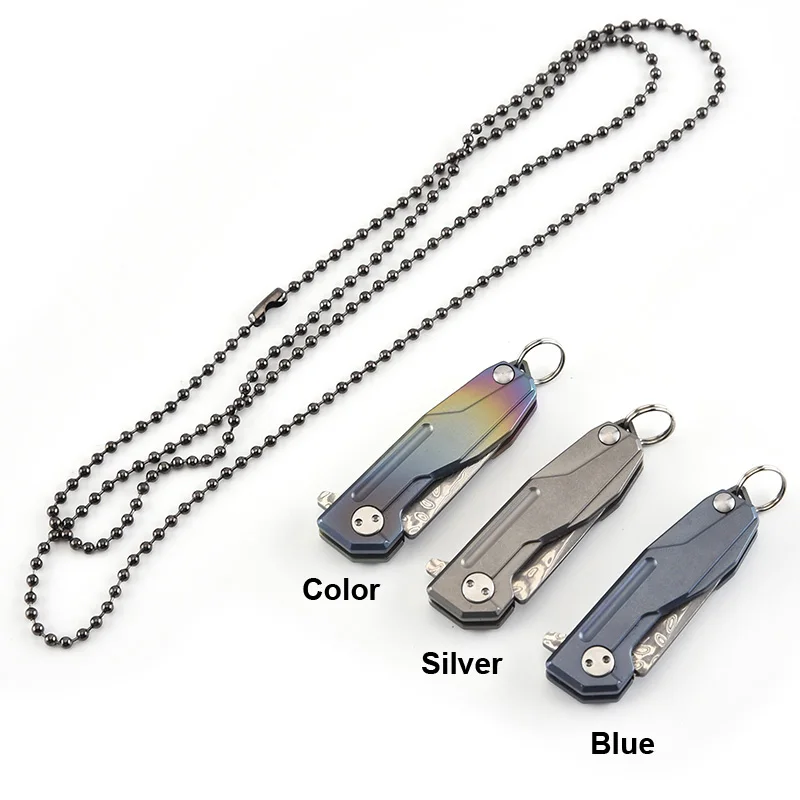 3pcs Damascus blade neck long chain small mini pocket keychain folding edc knife