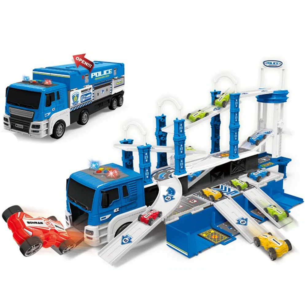 High quality groove track toy plastic deformation police container storage vehicle toy parking lot