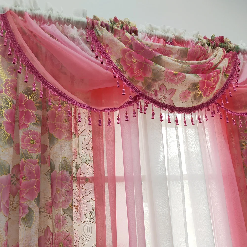 Modern design sheer printed window curtains 7 pieces sheer drapes set ready made curtain valance for the living room