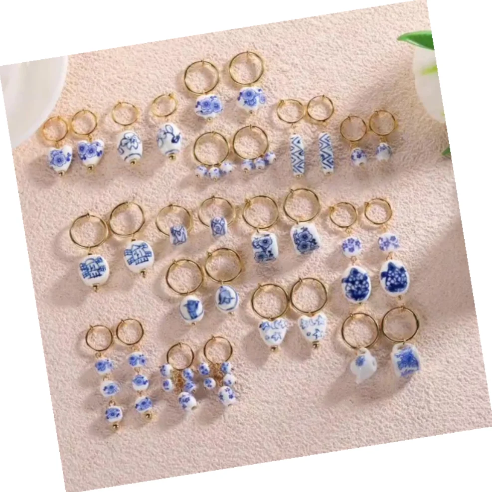 DAIHE Fashionable And Unique Irregular Blue And White Porcelain Stainless Steel China Earrings For Women