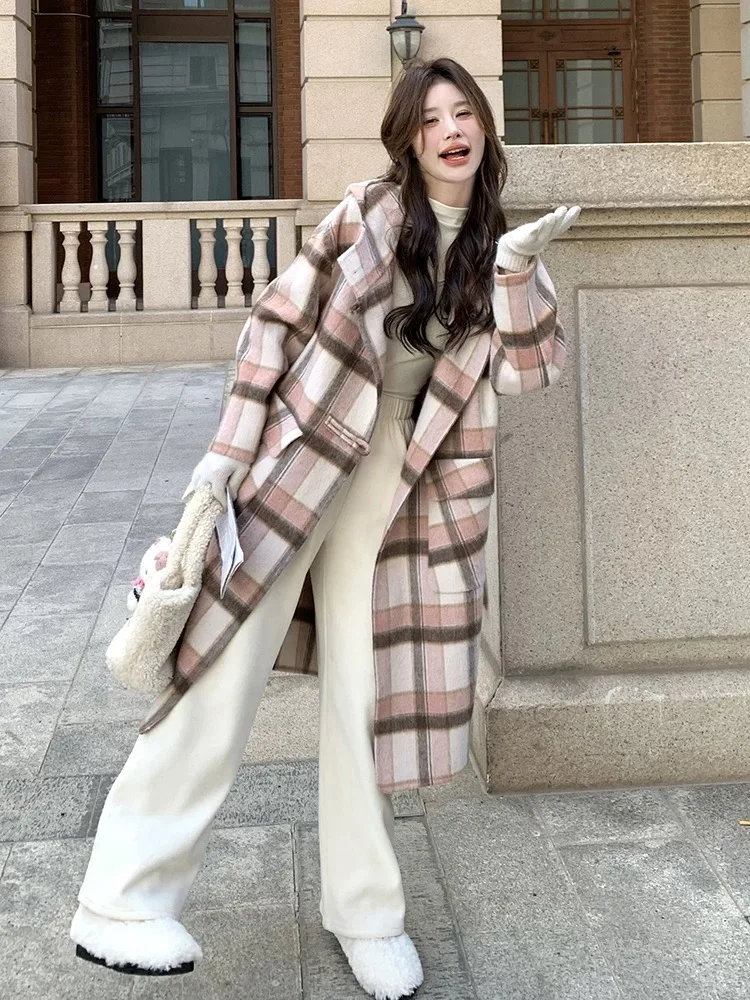Droma Korean style casual pink plaid hooded double-sided women long wool coat winter trench coat for ladies