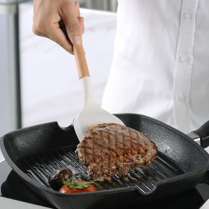 Custom wooden non-stick pan spatula soup spoon handle silicone kitchenware set 10 piece kitchen tools