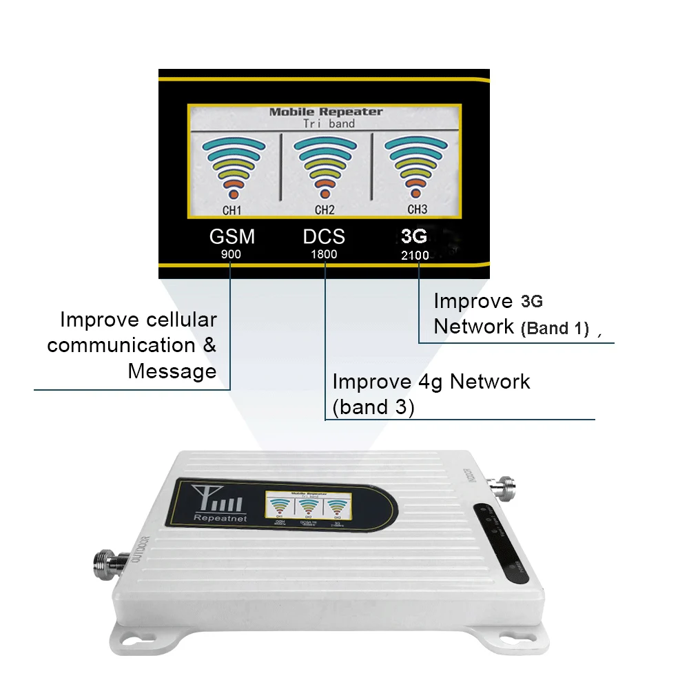 Крытый мобильной сети усилитель 900 3g 2100 lte 4g 1800 трех Диапазонный сигнала мобильного телефона повторитель