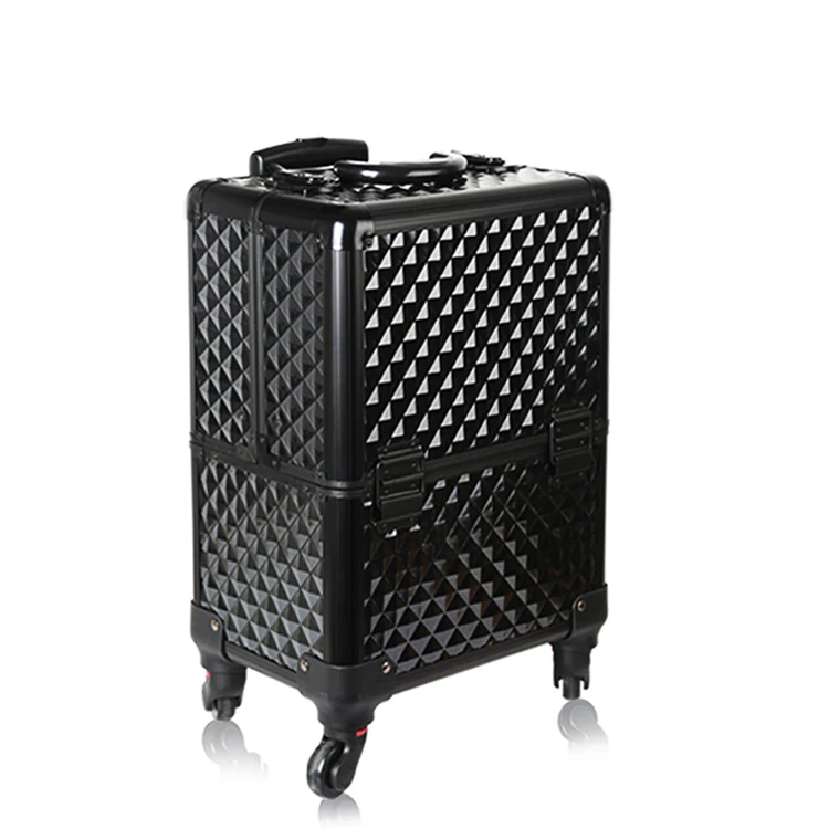 Luxury trolley travel professional rolling diamond luggage cosmetic hard durable makeup case with wheels