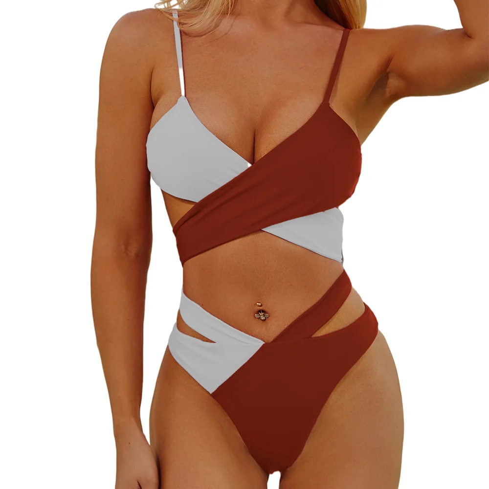 
2021 Hot Sale Bathing Suits Sexy Fashion Two Pieces Color Stitching Cross Bikini Sexy Women Swimwear Bikini Set 