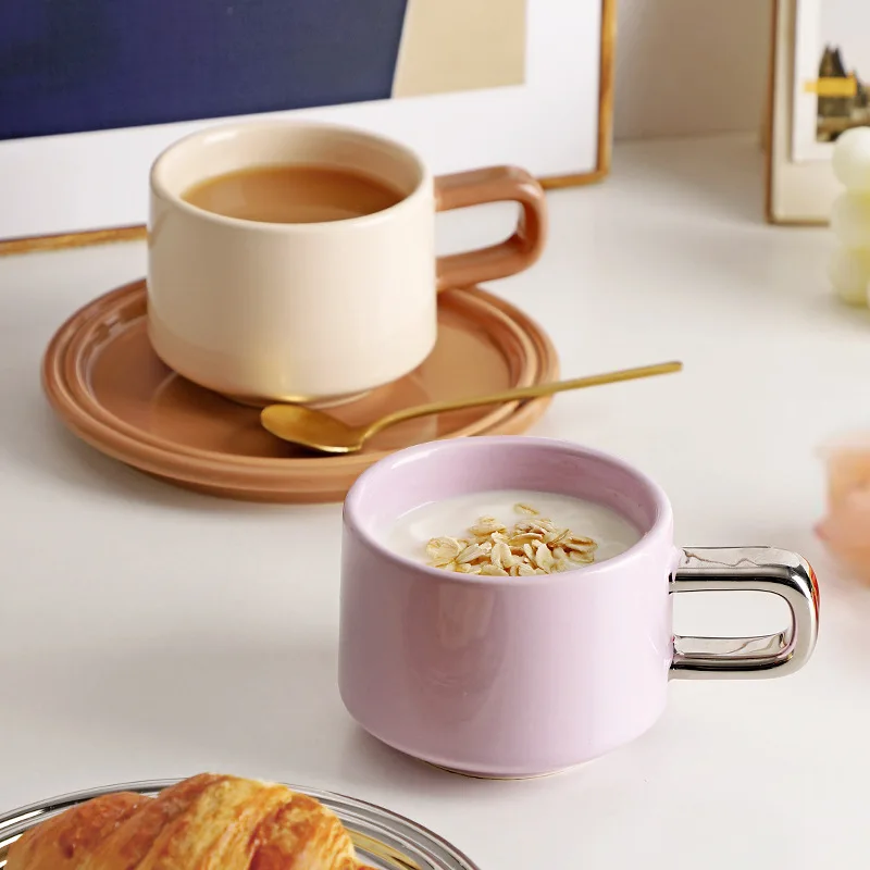 Drop Shipping Light Luxury Ins Interesting Contrast Color Ceramic Coffee Cup Simple Afternoon Tea Ceramic Coffee Cup And Saucer