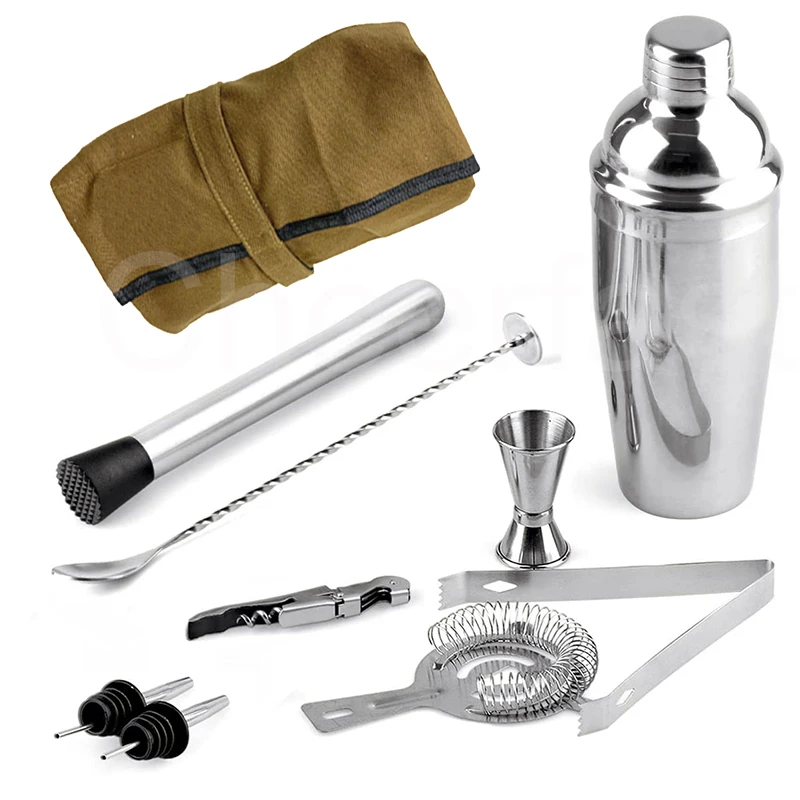 Most Popular 9 Piece Storage Bag Shaker Cocktail Bar Tools Kit Stainless Steel Cocktail Shaker Set Stainless Steel