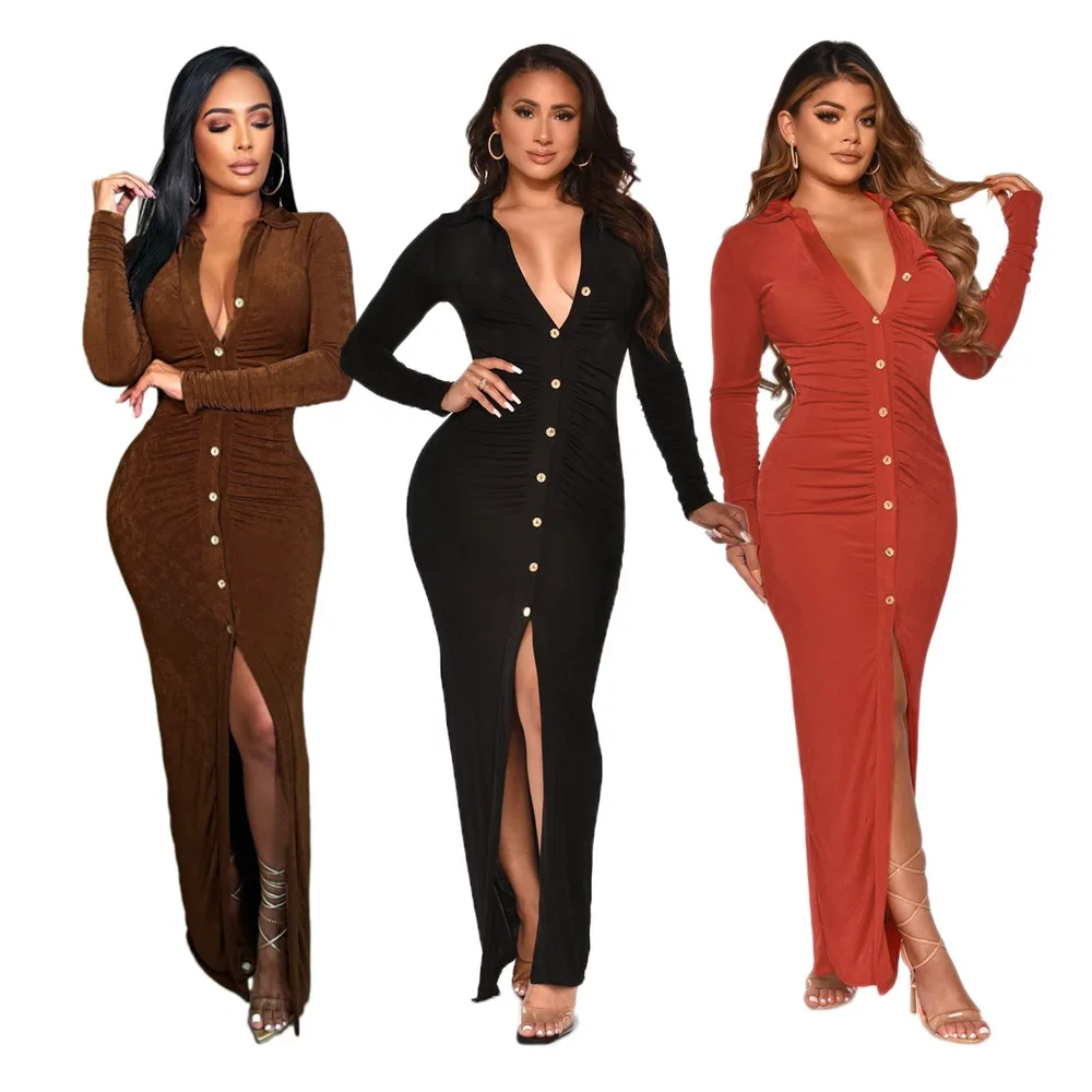 Новое поступление темперамент и открытыми плечами облегающее сексуальное длинное платье осень сплошной цвет с v-образной горловиной и длинными рукавами на пуговицах с застёжкой на shein платье
