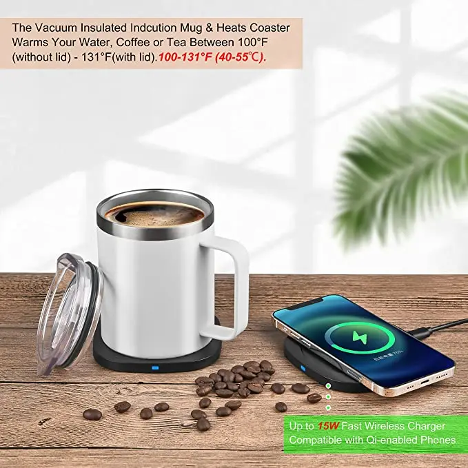 55 Degree Self Heating Heated Stainless Steel Charging Double Walled Coffee Tumbler Mug With 15W Wireless Phone Charger