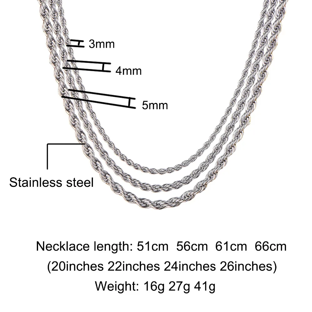 Twisted Stainless Steel Link Chain Rope Necklace For Men Women Fashion Hip Hop