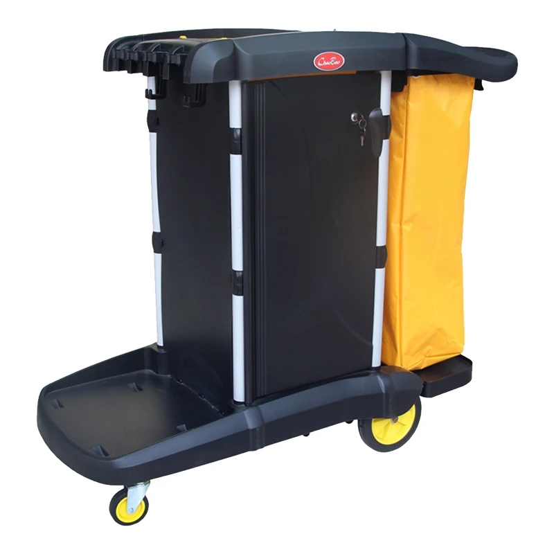 Factory wholesale black commercial multifunctional plastic hotel cleaning wringing trolley cart housekeeping service cart