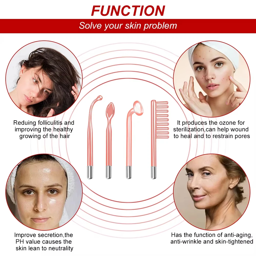 Home Spa Beauty Device Facial Therapy Wand 4 In 1 High Frequency Electrode Red/Blue Light Therapy Wand Electrotherapy Glass Tube
