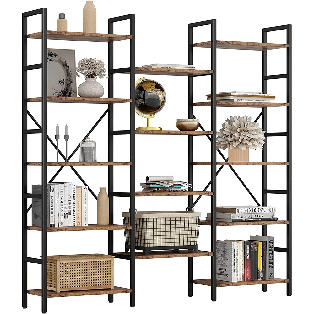 Bookcases and Bookshelves Triple Wide 5 Tiers Industrial Bookshelf Large Etagere Bookshelf Open Display Shelves