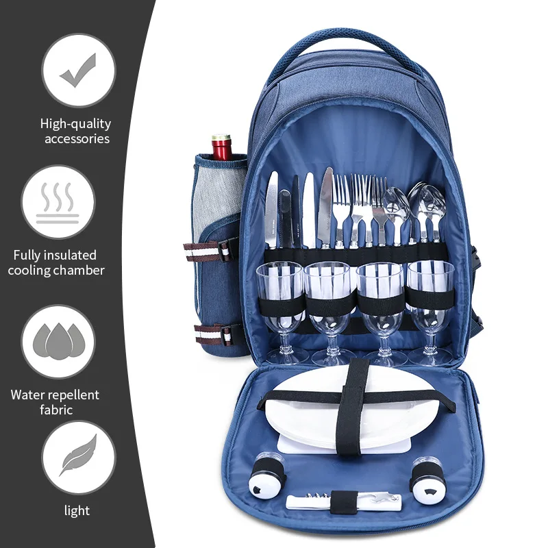 Oxford Cooler Bags Backpack for Outdoor Camping Insulation Bagpack with Tableware Holder and Pouch Waterproof Lunch Picnic Bags