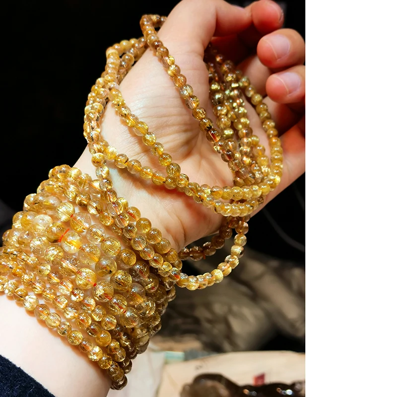 Wholesale High Quality Rutilated Quartz Bracelet Golden Color Hair Quartz Healing Stones Gold Rutilated Quartz Bracelet for Gift