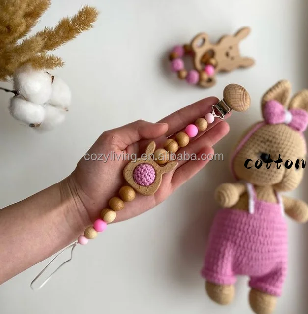 Crochet Kids Bunny Wearing Purple Dress Toys Wooden Baby Teething and Baby Rattle  Amigurumi Safety Toys