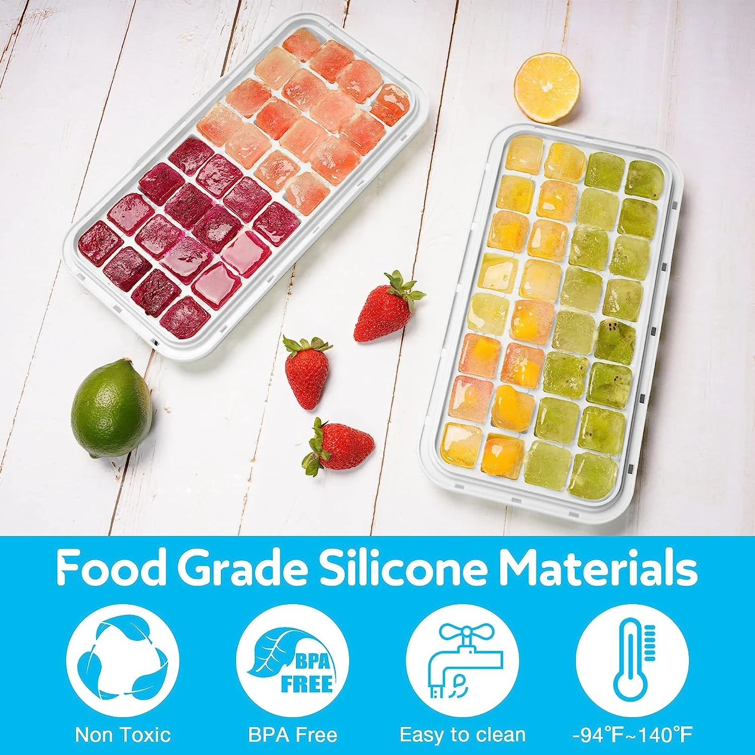 Ice Cube Tray with Lid and Bin, 64 Pcs Silicone Trays for Freezer, Easy Release & Save Space, 2 with Tongs and Scoop