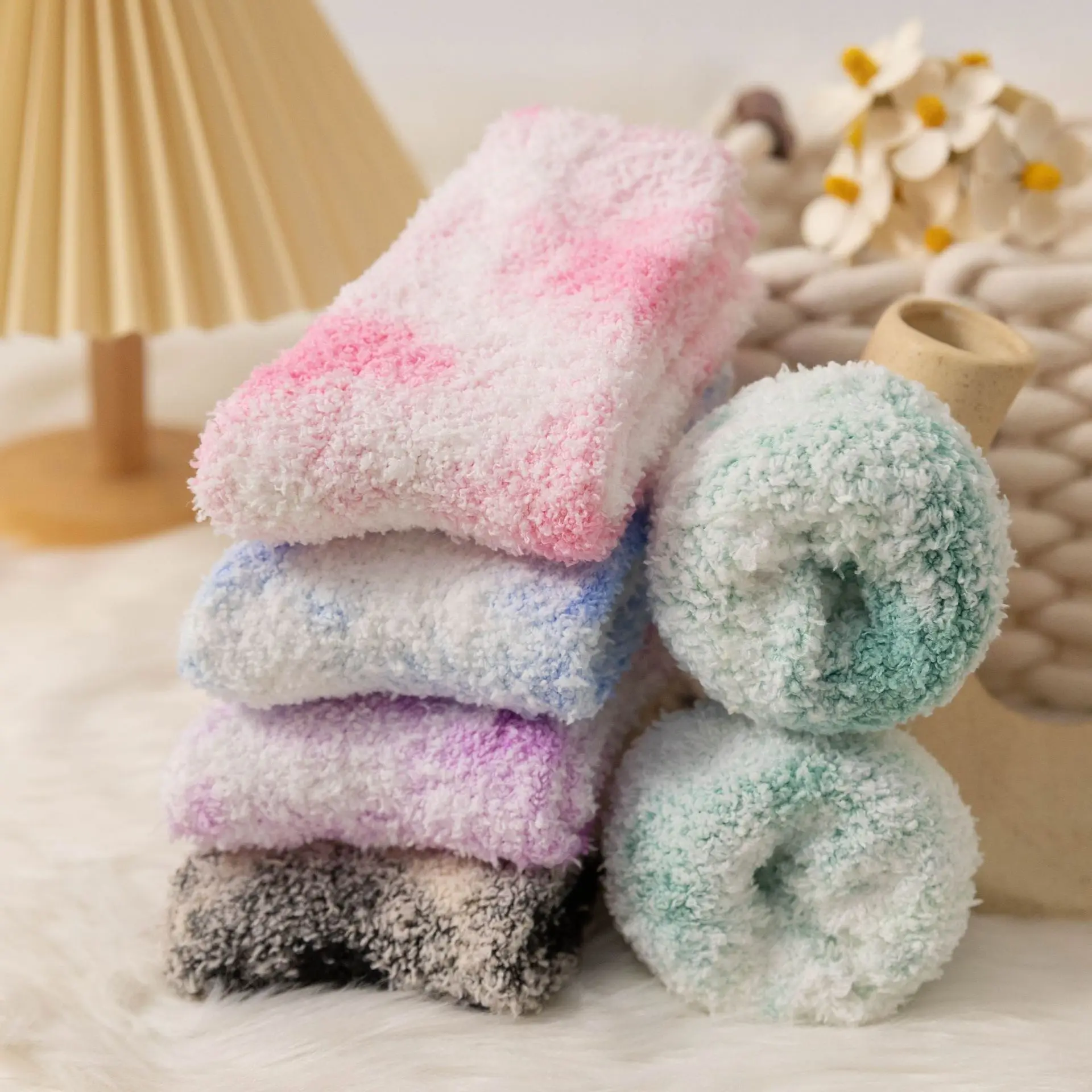 Chic Colorful Women Gradient Tie Dye Printed Coral Fleece Autumn Winter Thick Warm Winter Sofa Bedroom Sleeping Floor Socks