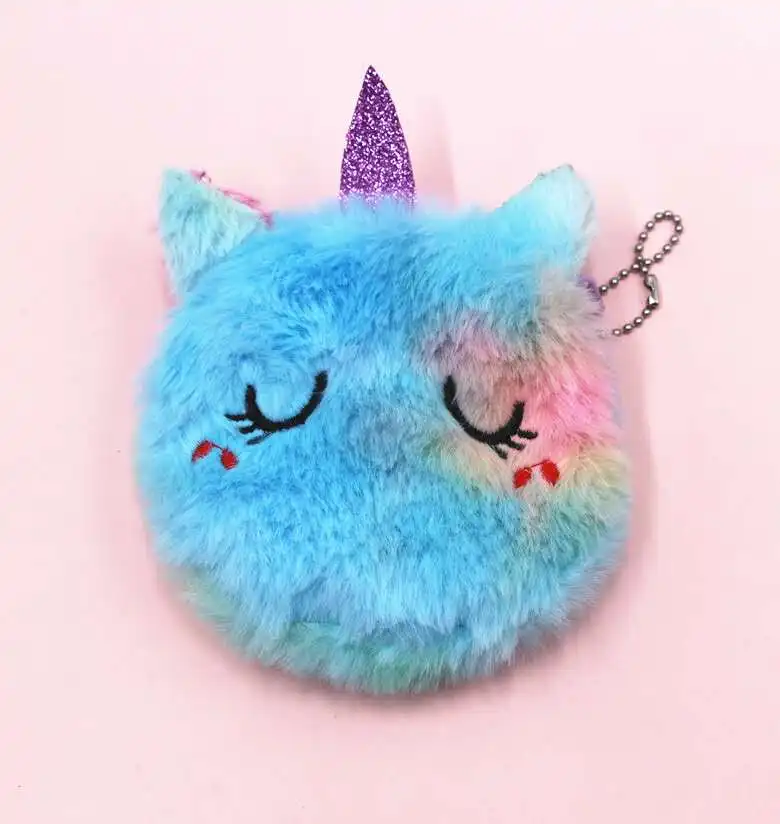 Cartoon Plush Unicorn Coin Purse Cute Fur Circle Wallet Girl Clutch Bag Key Earphone Pouch