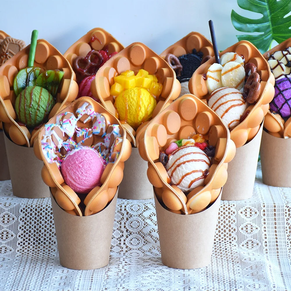 Super Light DIY Bubble Waffle Model Ice Cream Scoop Soft Serve Display Pu Decoration Artificial Mocha Chocolate Pink Strawberry