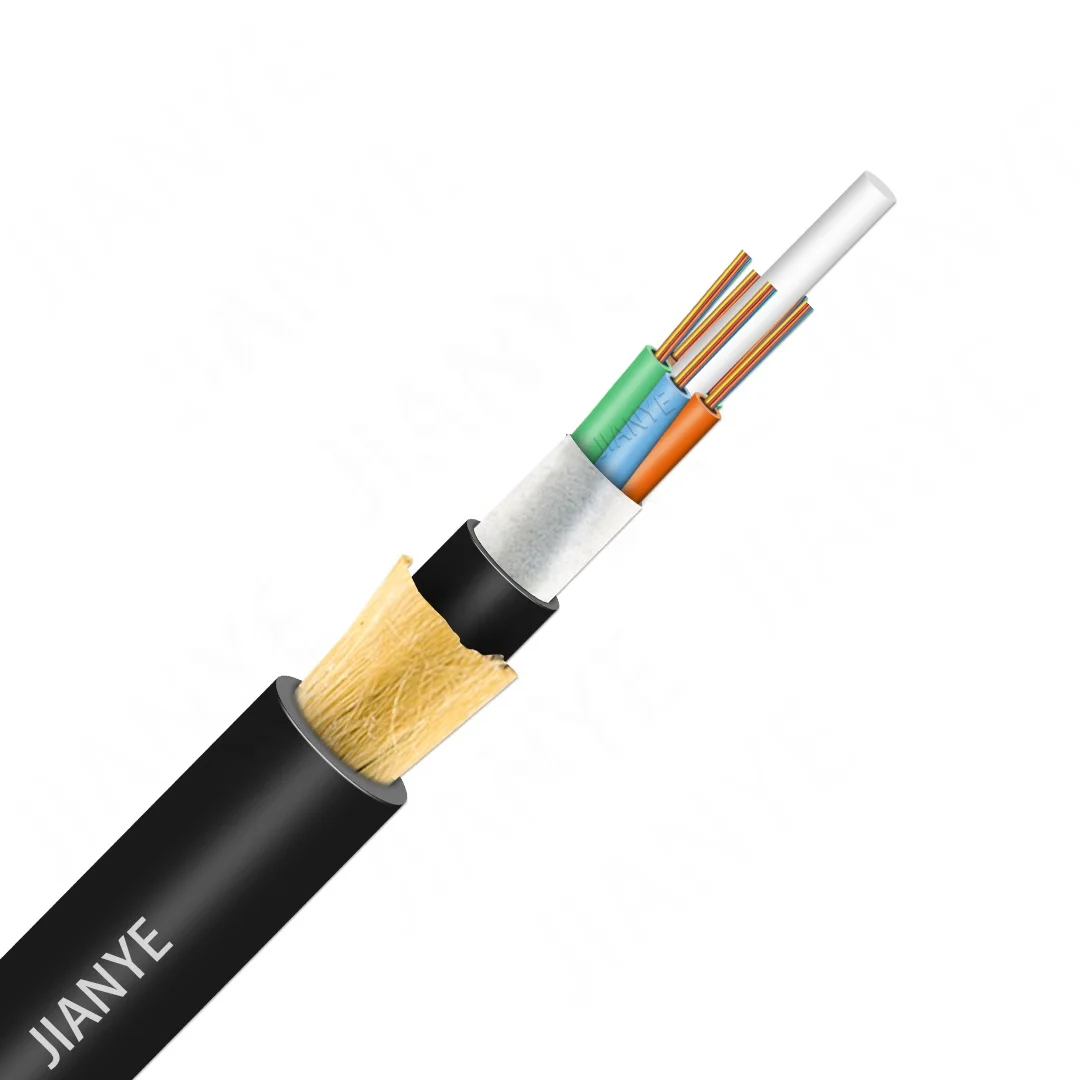 Sheath with Kevlar Aramid Yarns 6/12/24/48/96 Core Adss De Cable SM Single Double PE Fiber Optic Cable Wood DRUM PE Outer Jacket