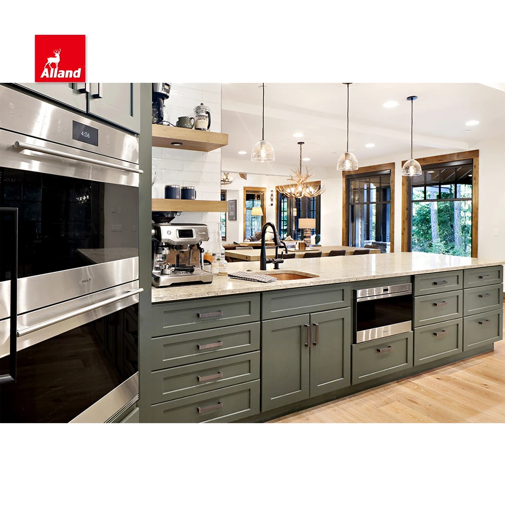 AllandCabinet Blue Painted and Brown Stained Oak Solid Wood U Shaped Shaker Style Kitchen Cabinet Two Tone with Island