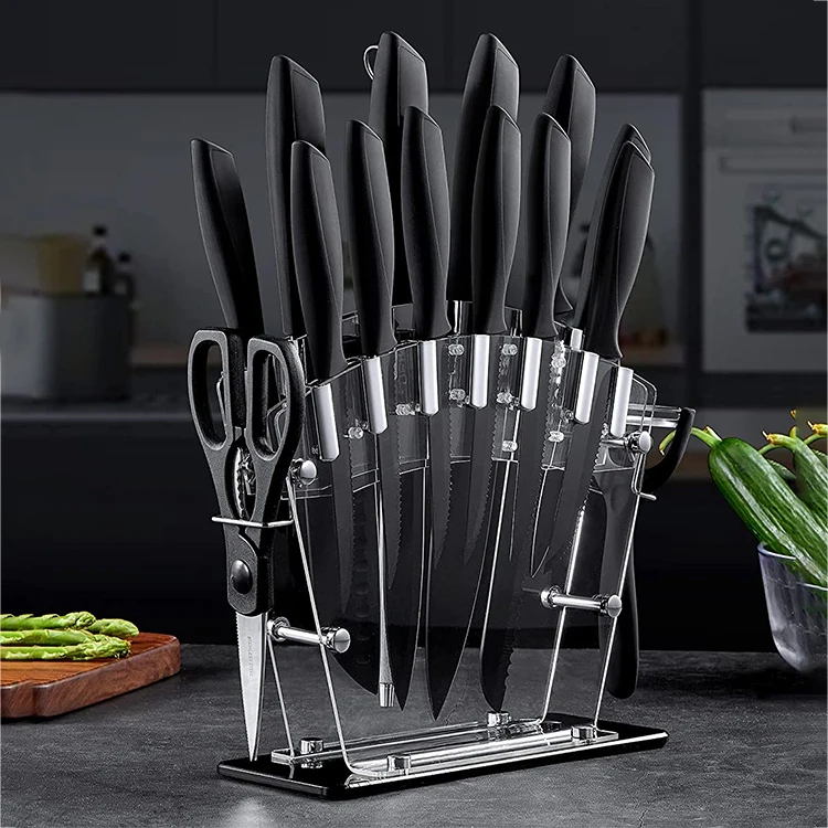 16 Pieces Professional Stainless Steel Kitchen Knives Black Grill Scraper Carbon Sharpening Chinese Knife Set With Acrylic Stand
