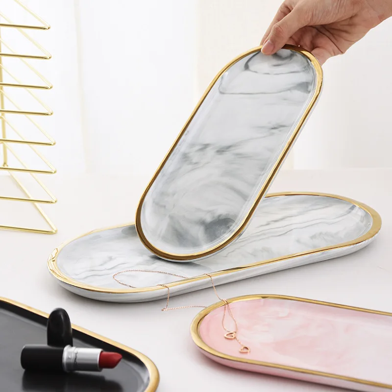 Овальный керамический Мраморный поднос для украшения дома с золотыми краями, мраморный керамический поднос для демонстрации ювелирных изделий