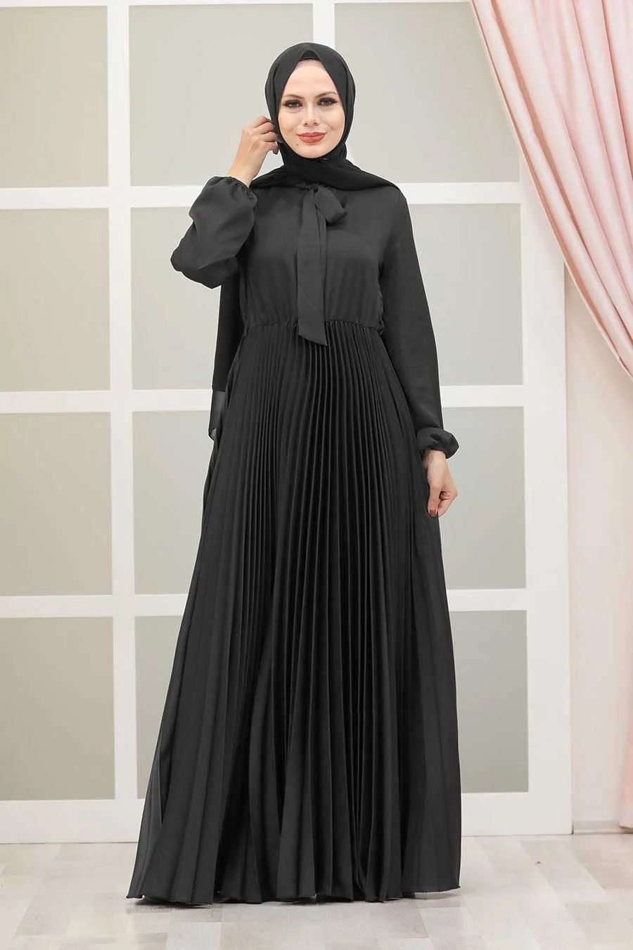 Latest Abaya Designs Elegant Plain High-waisted Slim-fit Accordion Pleated Skirt With Tie Design Maxi Women Muslim Dress