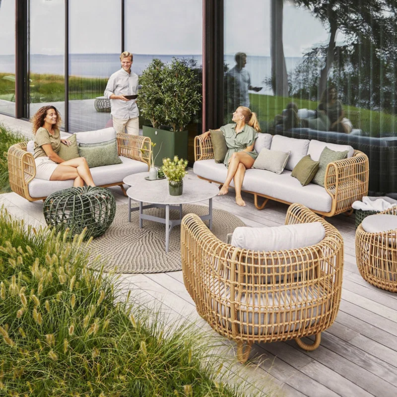 Hand-Woven Rattan Sofa Outdoor Chair Garden Luxury Style Villa Hotel Courtyard Balcony Small Table Outdoor Coffee Table Set