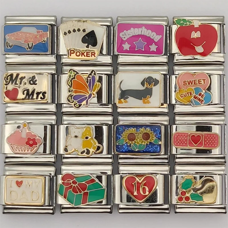 Blues wholesale stock diy 9mm Stainless Steel Connected Link Metal Gold Plated heart plants animal Italian Charm bracelet