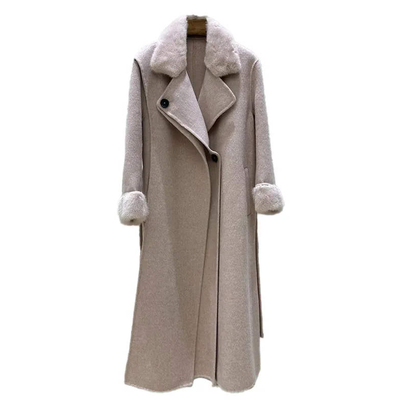 High Quality Double Faced Long Cashmere Woolen Coat Winter Warm Wool Trench Coat Women with Mink Fur Collar Cuffs