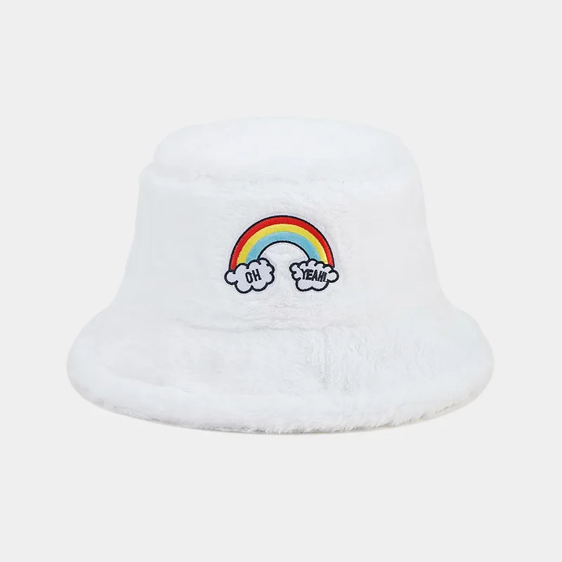 Autumn and winter outdoor fashion rainbow label plush warm bucket hat fluffy women fisherman hat