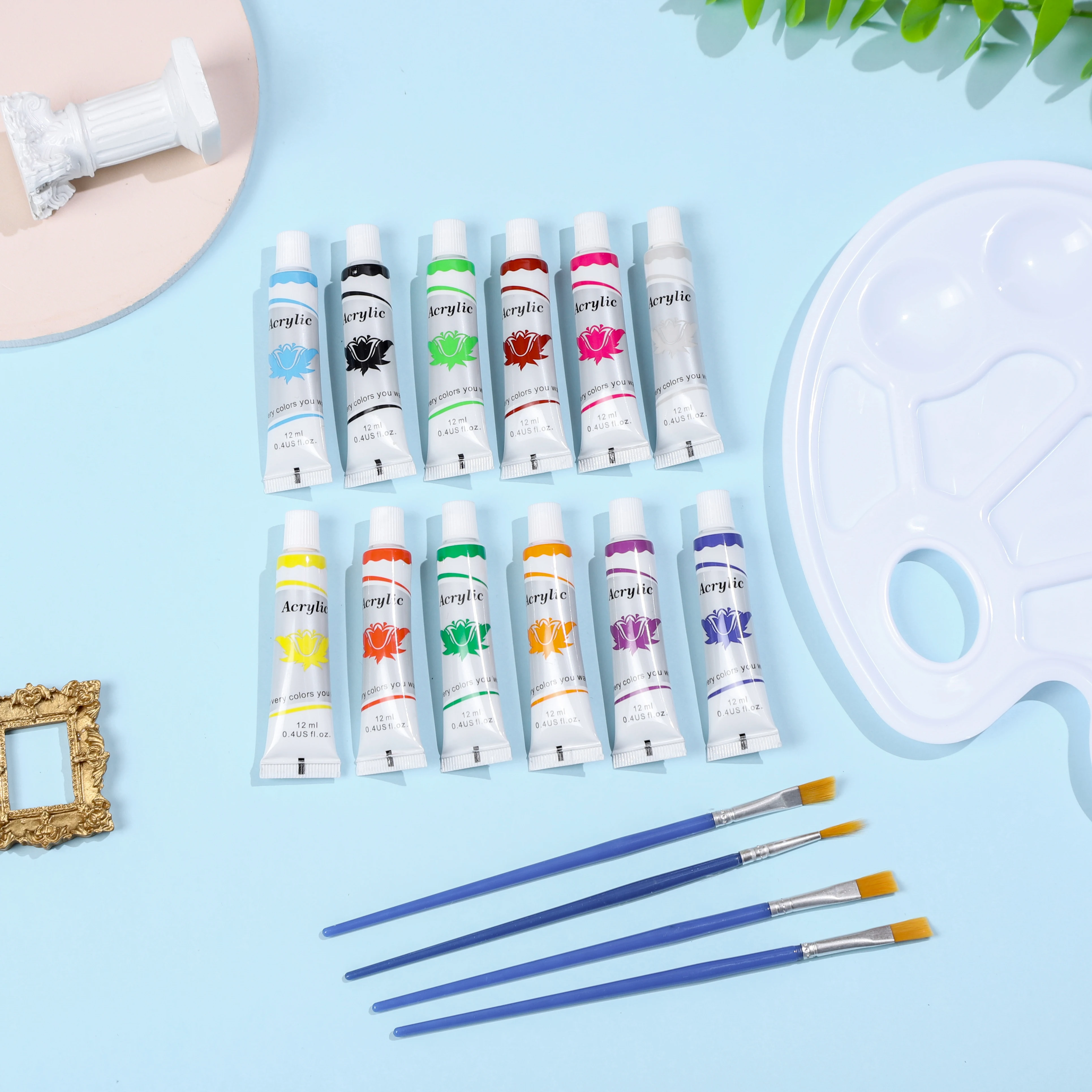 12 Colours Kids Acrylic Paint Set with Palette and 4 Paint Brushes for Art Supplies