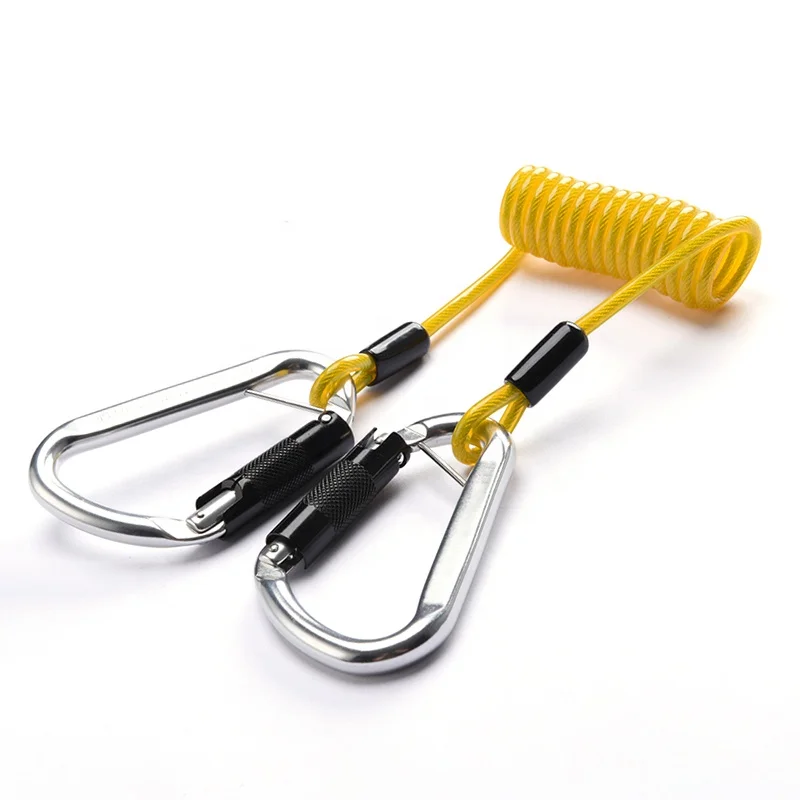 Professional Spring Lanyard High quality Safety Spiral Spring PU Coil Steel Wire Tool Cable Lanyard With Carabiners Emergency