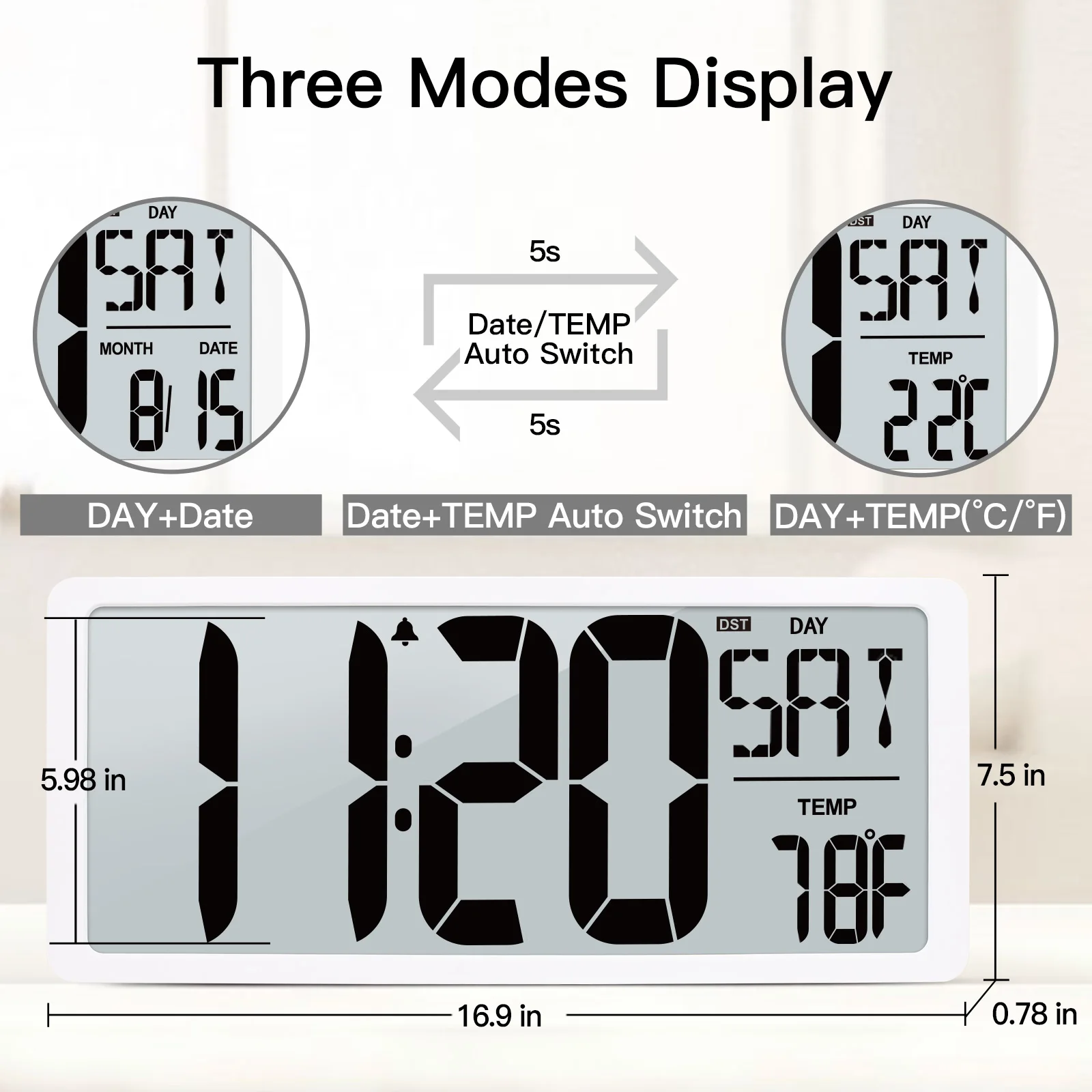 16.9-Inch Extra Large Digital LCD Wall Clock with Back Light Alarm Calendar Temperature Countdown Timer for Home Decoration