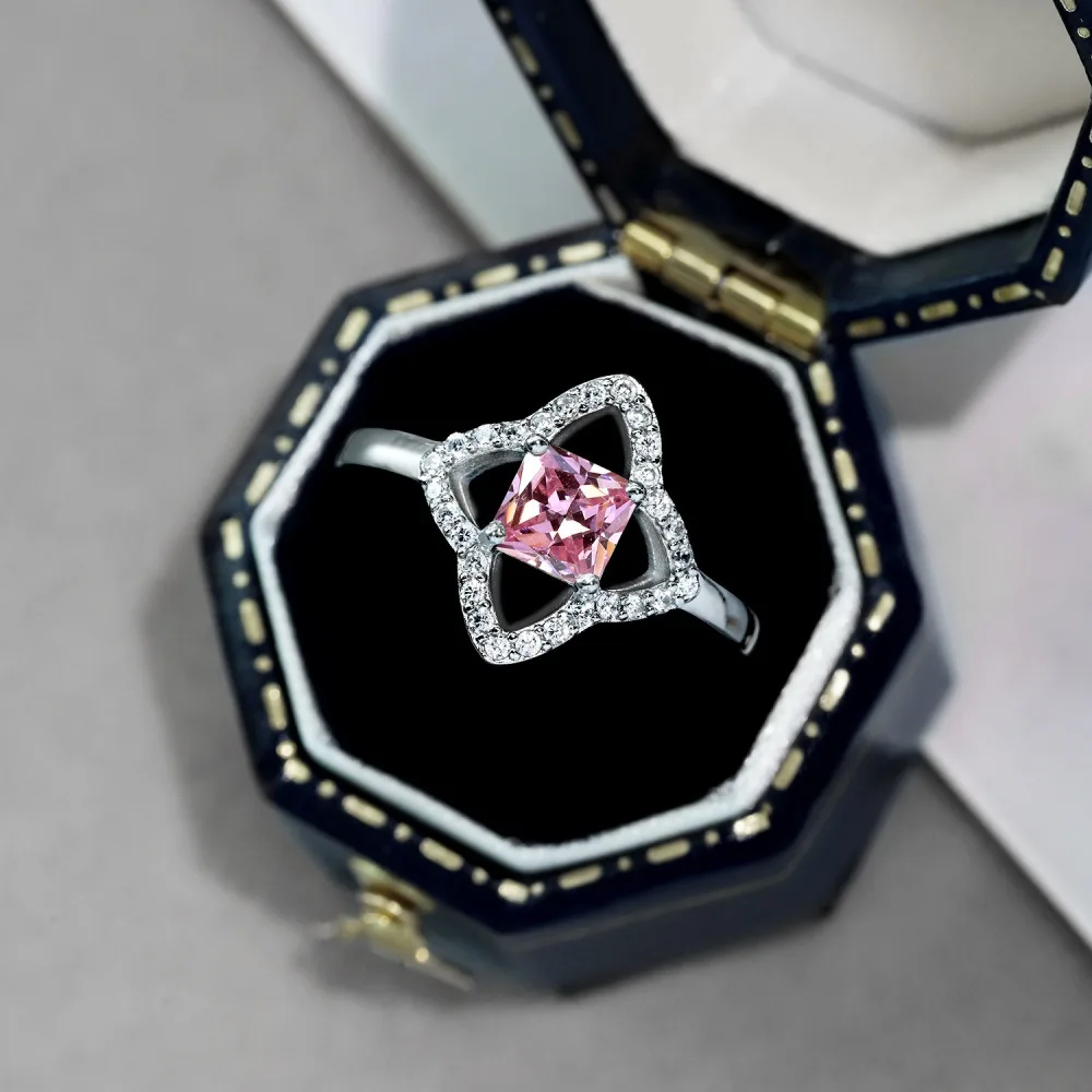 Trending Design 18K Gold Plated 925 Sterling Silver Diamond 5a pink Cubic Zirconia Four Leaf Clover Promise Engage Ring