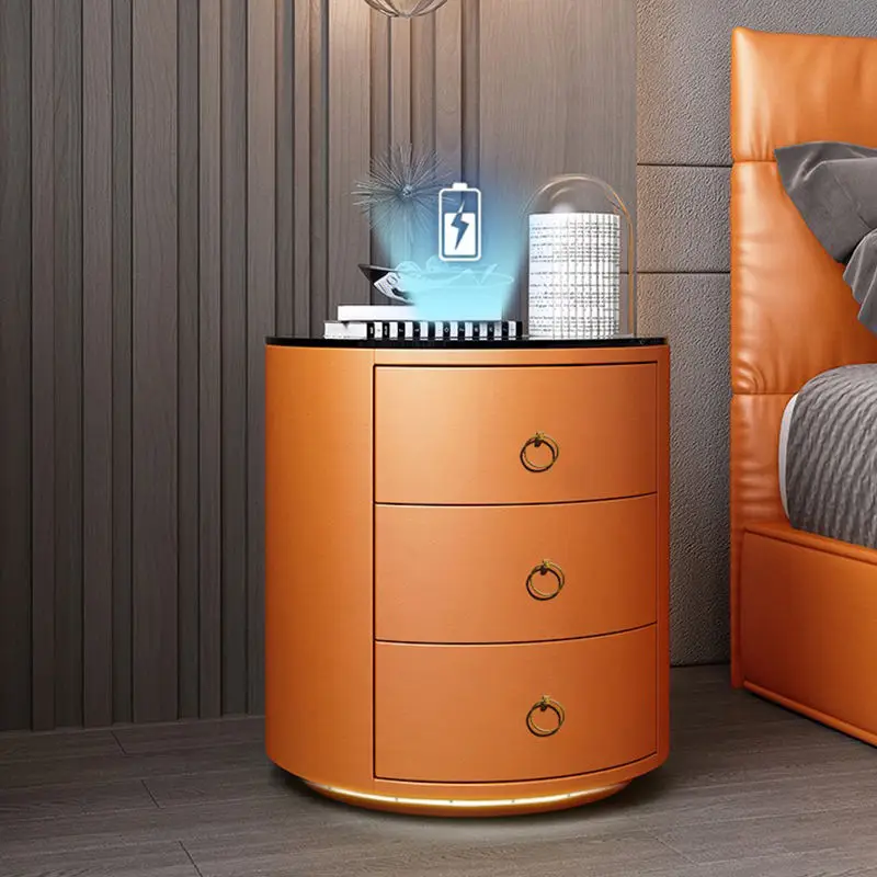 Xijiayi Luxury Smart Nightstand Phone Wireless Charger Bedside Cabinet Round Wooden Bedside Table With Led Light
