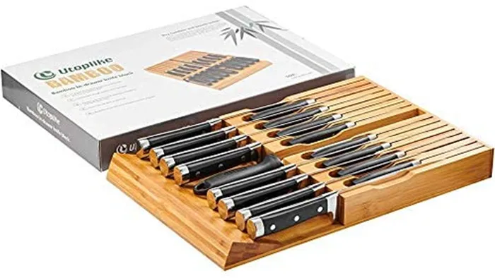 Bamboo Knife Block, Drawer Organiser and Holder for 12 Knives and 1 Sharpening Steel