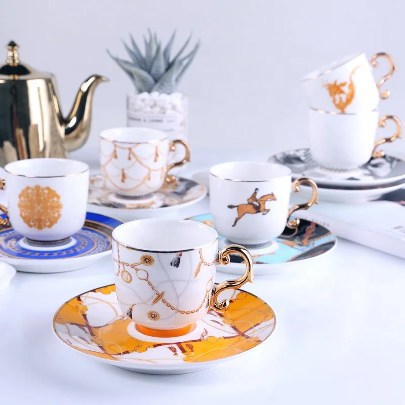 SU03 Turkish Coffee Cup and Saucer Sets Bulk Espresso Porcelain Ceramic Tea Cup and Saucer with Gold Rim