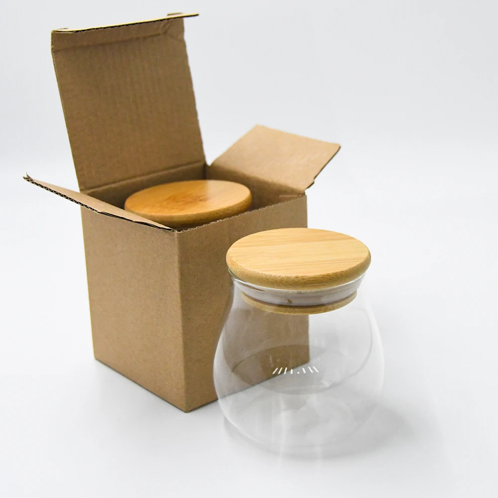 Glass Coffee Nuts Canister Airtight Clear Matte Glass Jar 8*8cm With Bamboo Lid For Kitchen Storage Jar